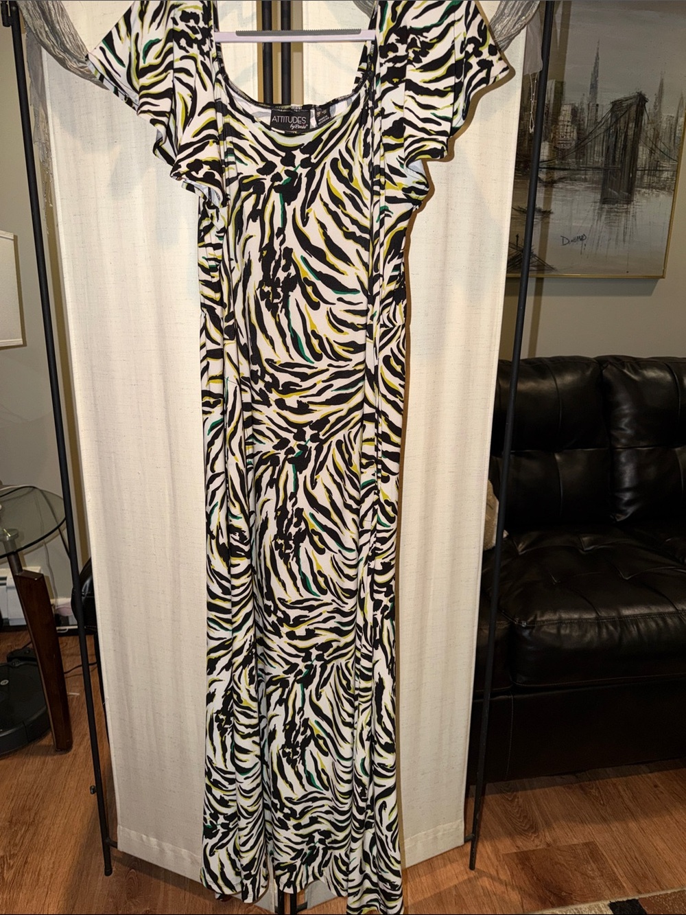 Attitudes Zebra-Print Maxi Dress with Black, Green & Yellow Accent